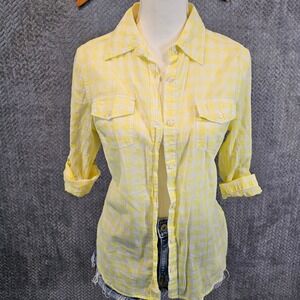 SO Yellow White Gingham Plaid Button Down So Perfect Shirt Womens Large Cotton
